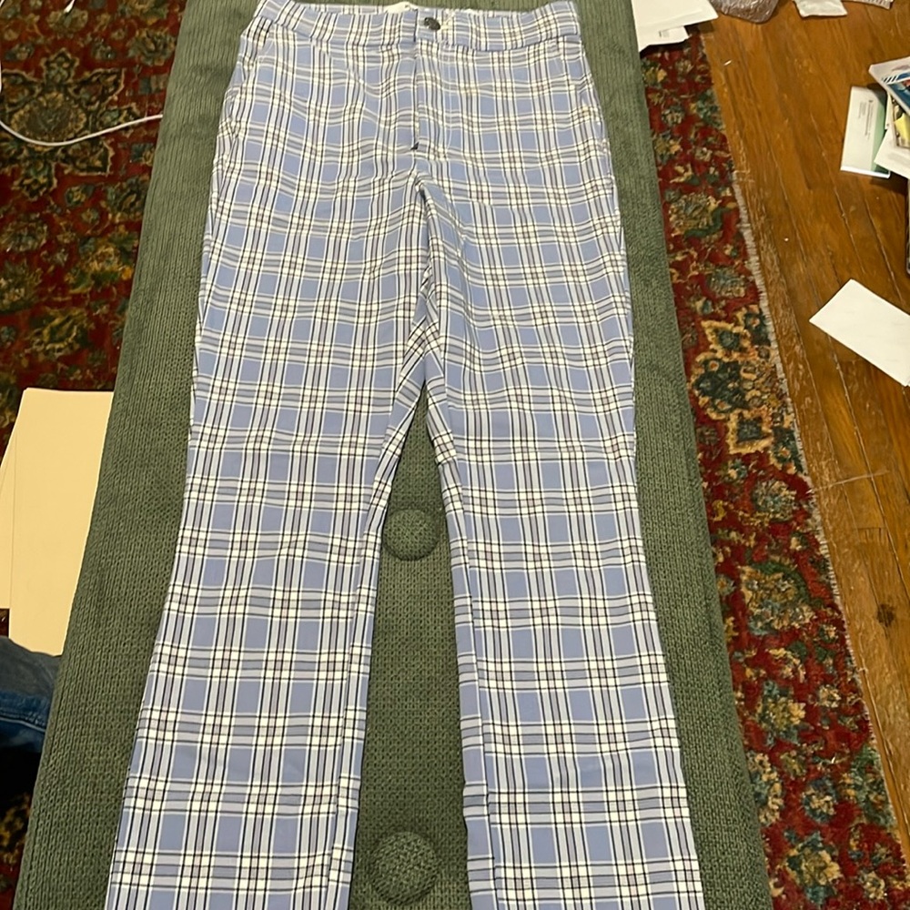 Hollister Ultra High Rise Plaid Pants, Light Blue White, XS